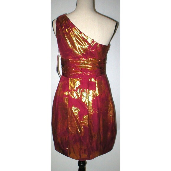 New NWT $310 Womens 6 Aidan Mattox Silk Metallic One Shoulder Dress Red Gold - Picture 3 of 12
